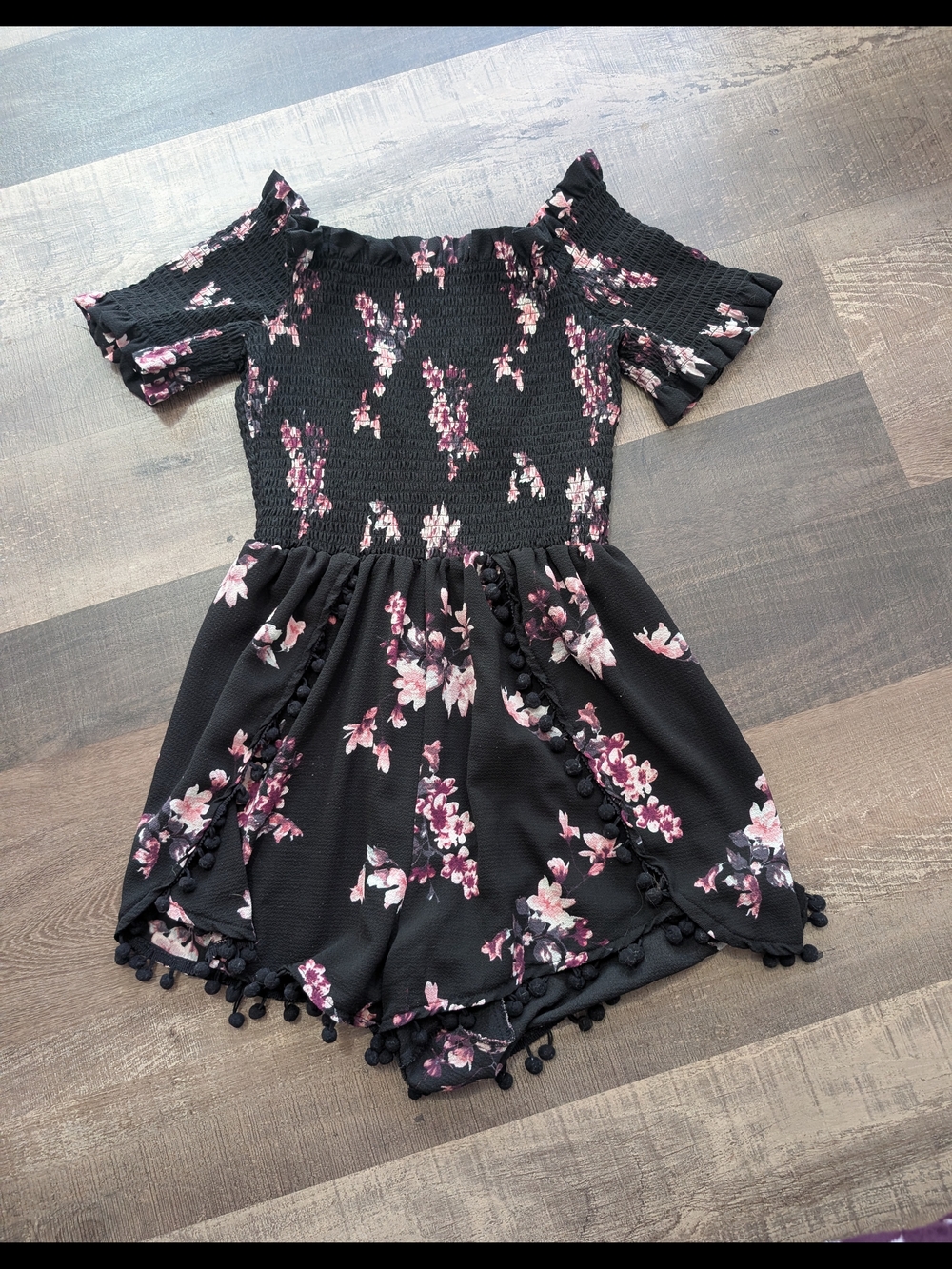 Ardene Black Floral Off-Shoulder Romper with Pom Trim (Girls/Woman)